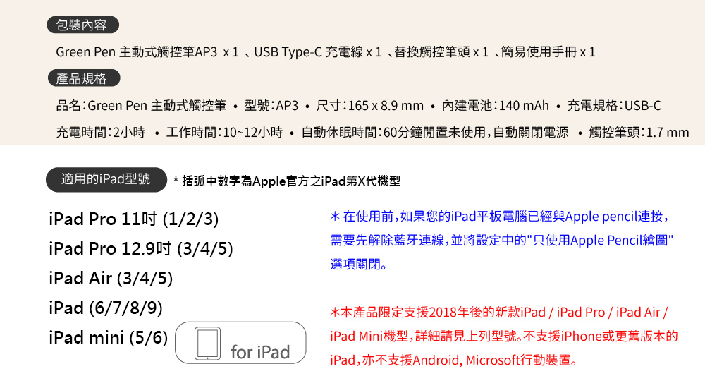 Green Pen 主動式觸控筆AP3 產品規格 支援iPad機型